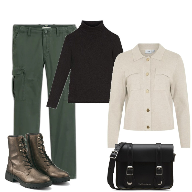 Outfit mujer - Casual chic #1903. Estilo Casual chic para Todos los días. Combinación con cárdigans, pantalones cargo, bandoleras, camiseta, botas.