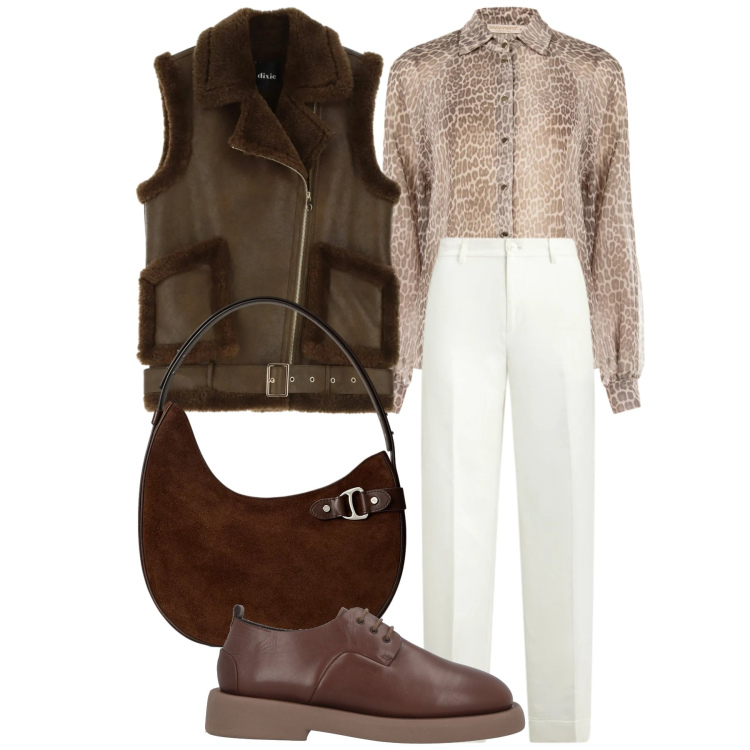 Outfit donna - Verso la bella stagione. Stile Trendy per Ufficio. Abbinamento con scarpe stringate, gilet, camicie, borse a spalla, pantaloni.