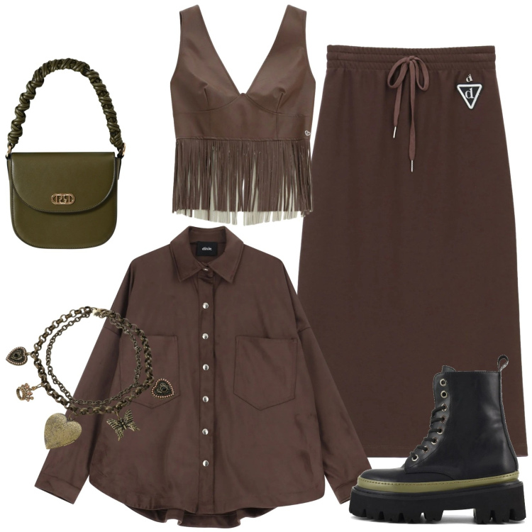 Outfit donna - Total look #2338856. Stile Trendy per Tutti i giorni. Abbinamento con blazer, gonne longuette, collane, top, borse a mano, anfibi.