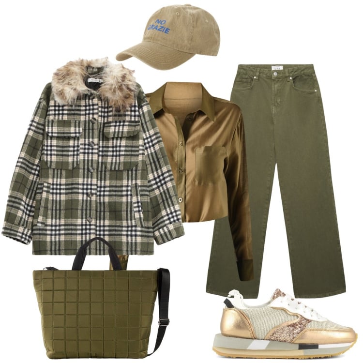 Outfit donna - Disinvolta. Stile Casual chic per Ufficio. Abbinamento con shopping bag, cappelli con visiera, jeans, cappotti, camicie, sneakers.