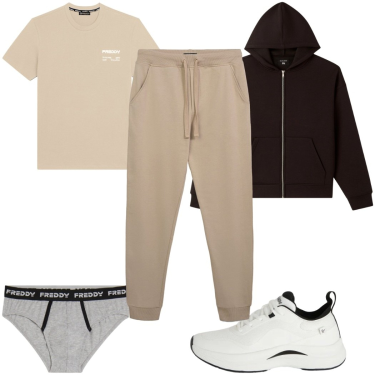 Outfit uomo - Total look #2338863. Stile Trendy per Sport. Abbinamento con felpe con cappuccio, pantaloni, sneakers, t-shirt sportive, slip.