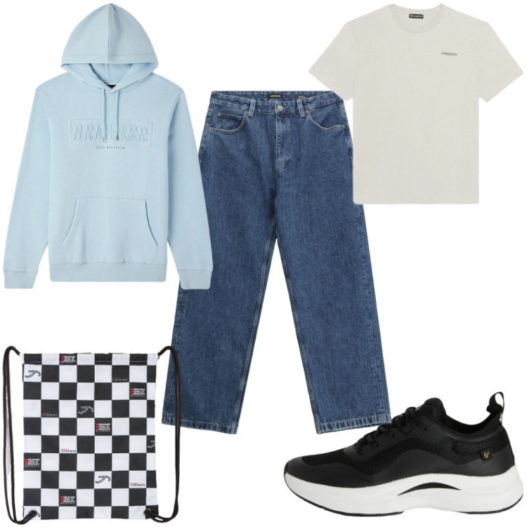 Outfit uomo - Total look #2338865. Stile Trendy per Tutti i giorni. Abbinamento con jeans, borse sportive, felpe con cappuccio, sneakers, t-shirt.