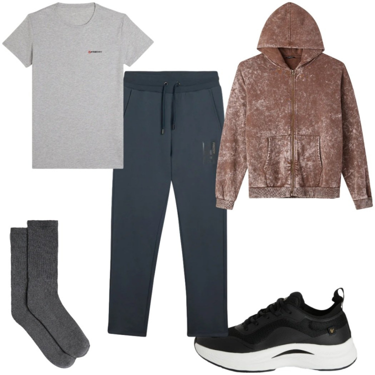 Outfit uomo - Total look #2338867. Stile Trendy per Sport. Abbinamento con felpe con cappuccio, sneakers, pantaloni, t-shirt sportive, calzini.