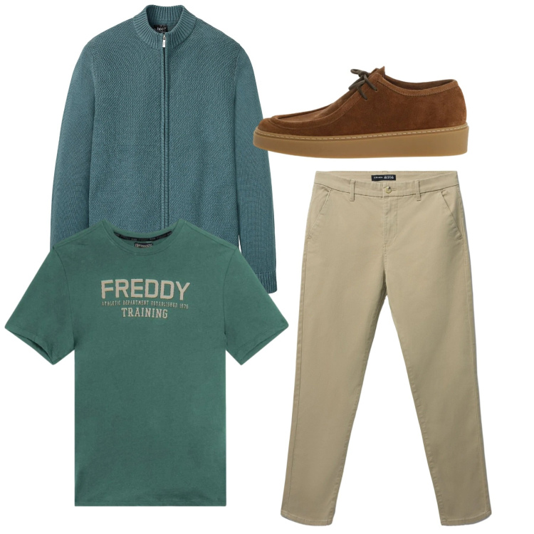 Outfit uomo - Total look. Stile Casual per Tutti i giorni. Abbinamento con cardigans, scarpe stringate, pantaloni chino, t-shirt.