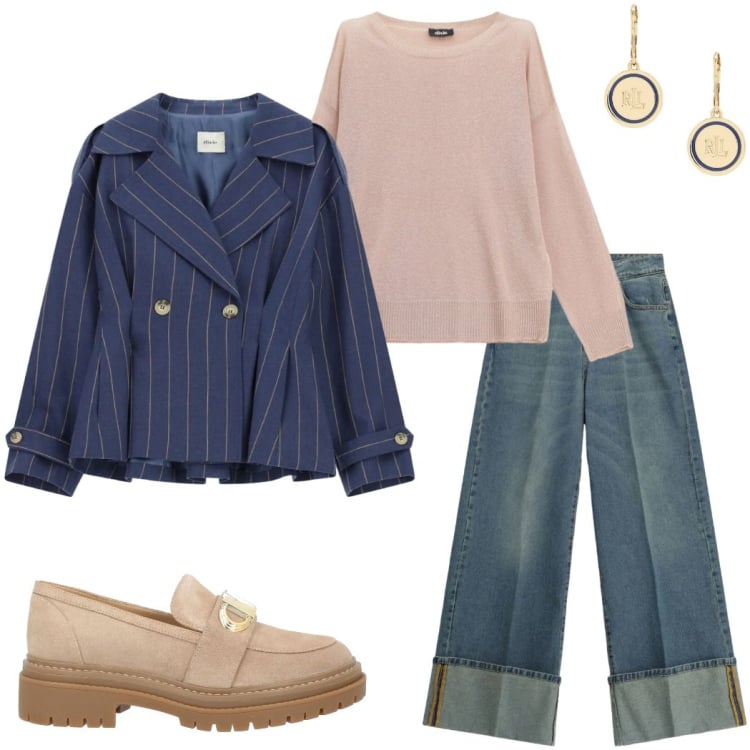 Outfit donna - Jeans in ufficio. Stile Casual chic per Ufficio. Abbinamento con mocassini, orecchini, jeans, maglieria, blazer.