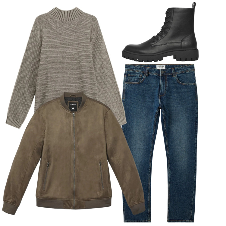 Outfit uomo - Total look. Stile Casual per Tutti i giorni. Abbinamento con jeans, anfibi, giacche, maglieria.