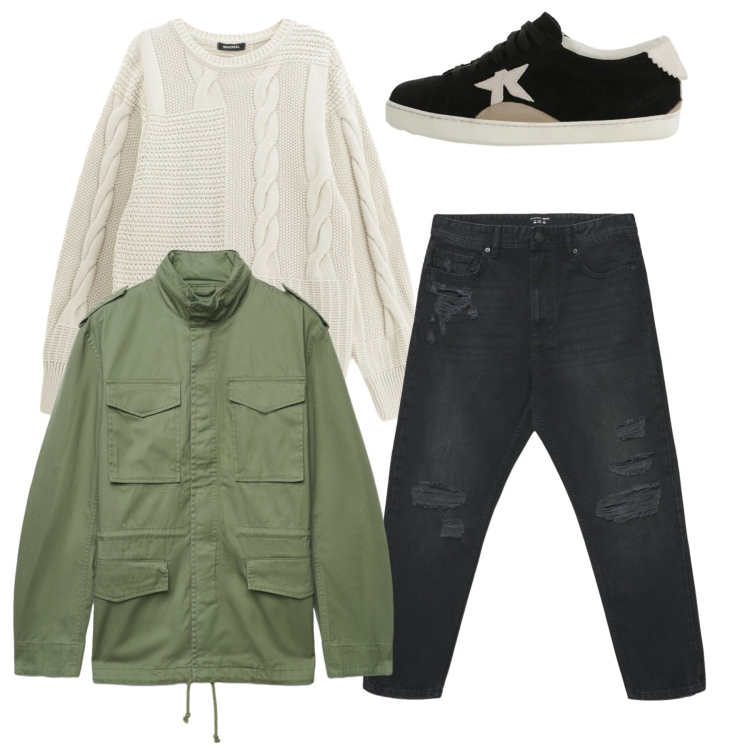 Outfit uomo - Total look. Stile Casual per Tutti i giorni. Abbinamento con maglieria, sneakers, cappotti, jeans strappati.