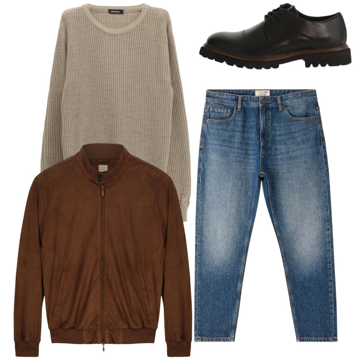 Outfit uomo - Total look. Stile Casual per Tutti i giorni. Abbinamento con jeans, maglieria, scarpe stringate, giacche.