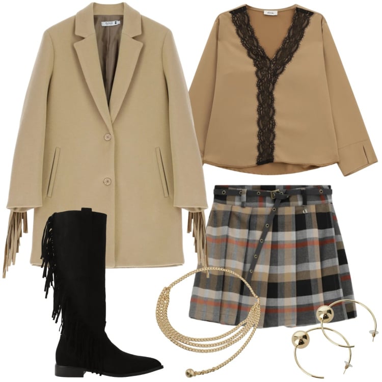 Outfit donna - Total look #2338879. Stile Urban per Tutti i giorni. Abbinamento con cappotti, stivali sopra il ginocchio, bluse, minigonne, collane, orecchini.