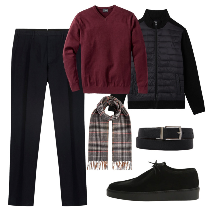 Outfit uomo - Casual. Stile Casual per Ufficio. Abbinamento con maglieria, scarpe stringate, piumini, cinture, sciarpe, pantaloni.