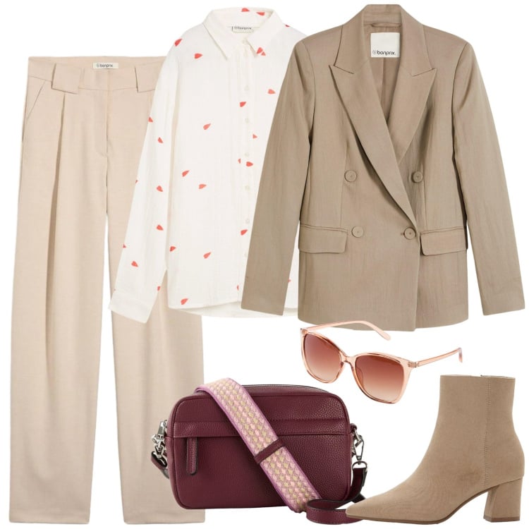 Outfit donna - Linee fluide. Stile Mannish per Ufficio. Abbinamento con pantaloni, camicie, borse a tracolla, stivaletti, blazer, occhiali da sole.
