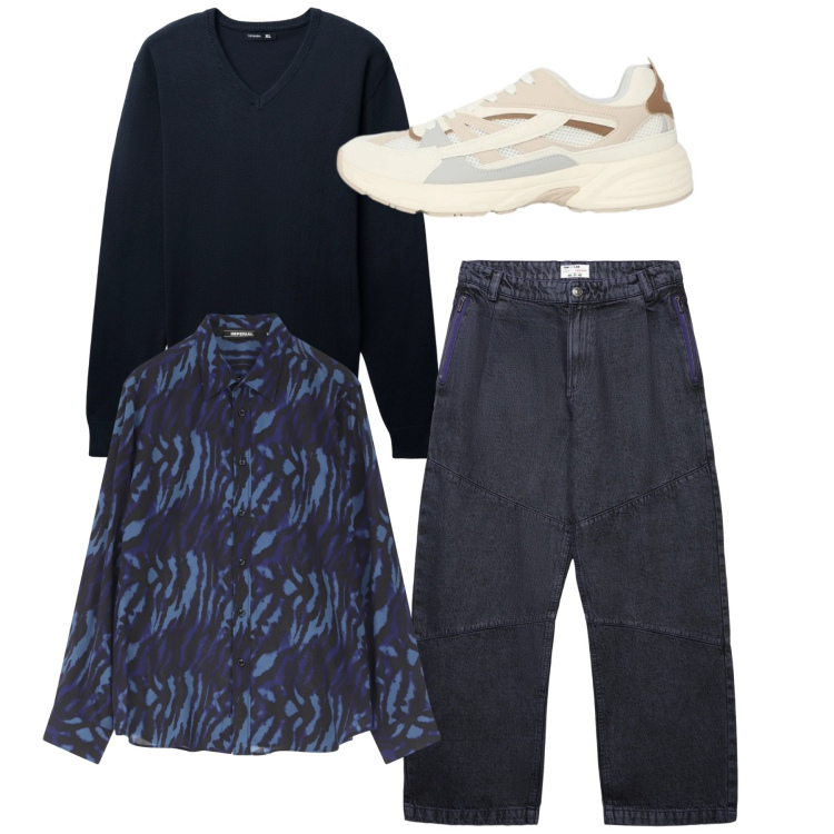 Outfit uomo - Total blu. Stile Casual per Tutti i giorni. Abbinamento con sneakers, maglieria, jeans dritti, camicie.