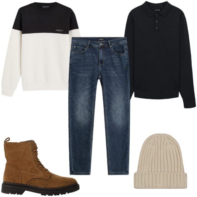 Outfit uomo - Total look #2338892. Stile Trendy per Tutti i giorni. Abbinamento con anfibi, jeans slim fit, polo, felpe, berretti.