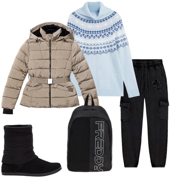 Outfit donna - Total look #2338894. Stile Casual per Tutti i giorni. Abbinamento con maglieria, stivali, piumini, pantaloni cargo, zaini.