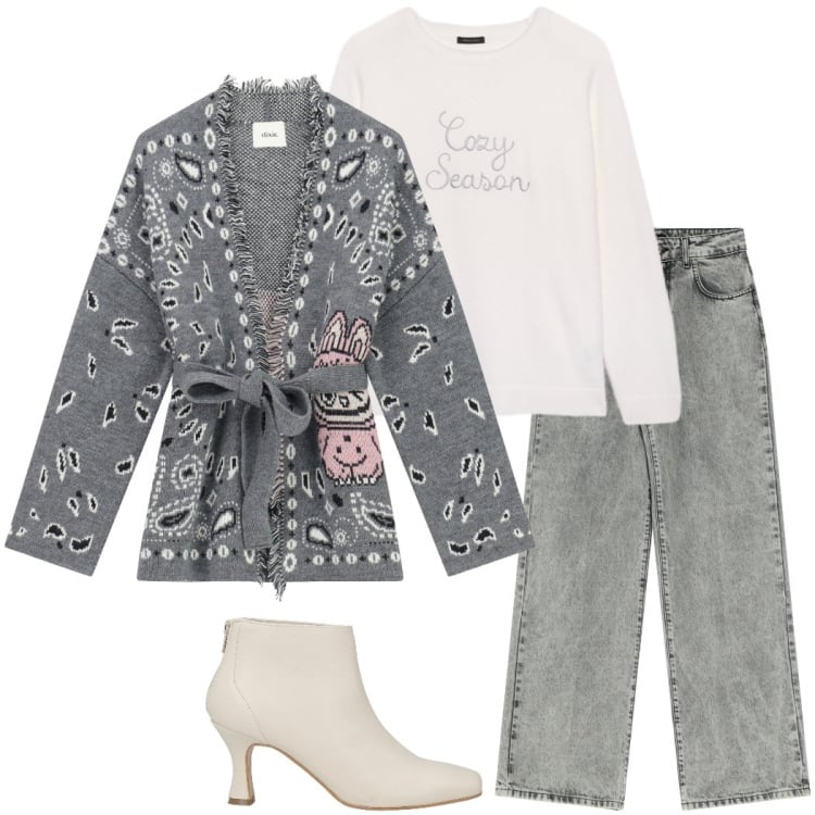 Outfit donna - Jeans in ufficio. Stile Casual chic per Ufficio. Abbinamento con stivaletti, maglieria, cardigans, jeans.