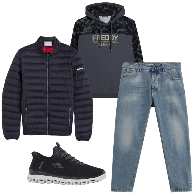 Outfit uomo - Total look #2338898. Stile Urban per Tutti i giorni. Abbinamento con sneakers, jeans, felpe con cappuccio, piumini.