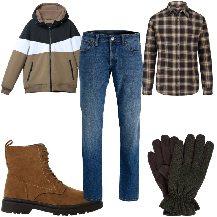 Outfit uomo - Total look #2338899. Stile Casual per Tutti i giorni. Abbinamento con jeans, anfibi, piumini, camicie, guanti.