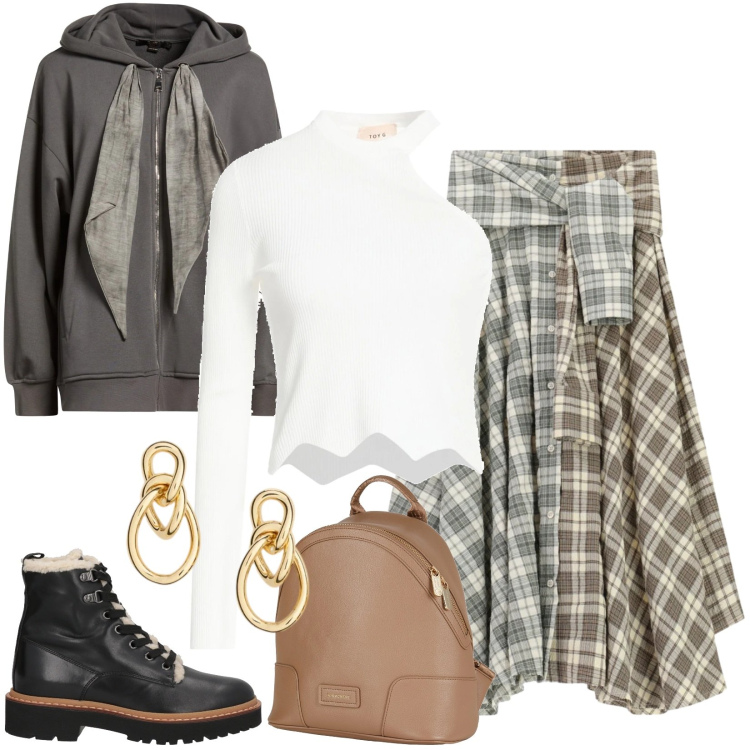 Outfit donna - Total look #2338901. Stile Urban per Tutti i giorni. Abbinamento con stivaletti, zaini, felpe con cappuccio, top, gonne longuette, orecchini.