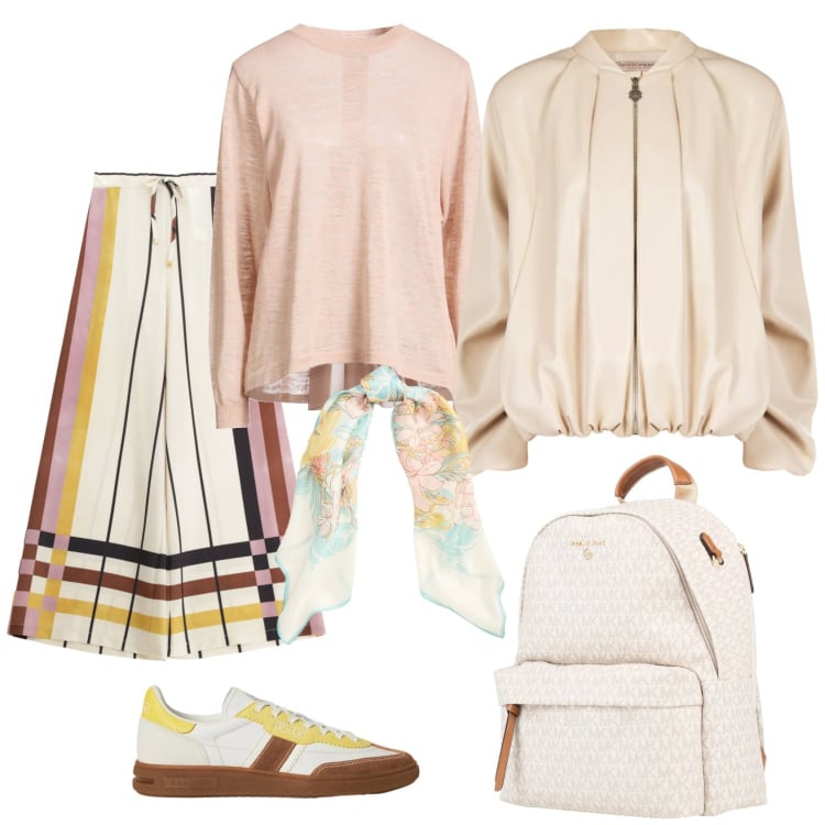 Outfit donna - Total look #2338904. Stile Boho per Tutti i giorni. Abbinamento con pullovers, zaini, pantaloni a palazzo, bomber, sneakers, foulard.