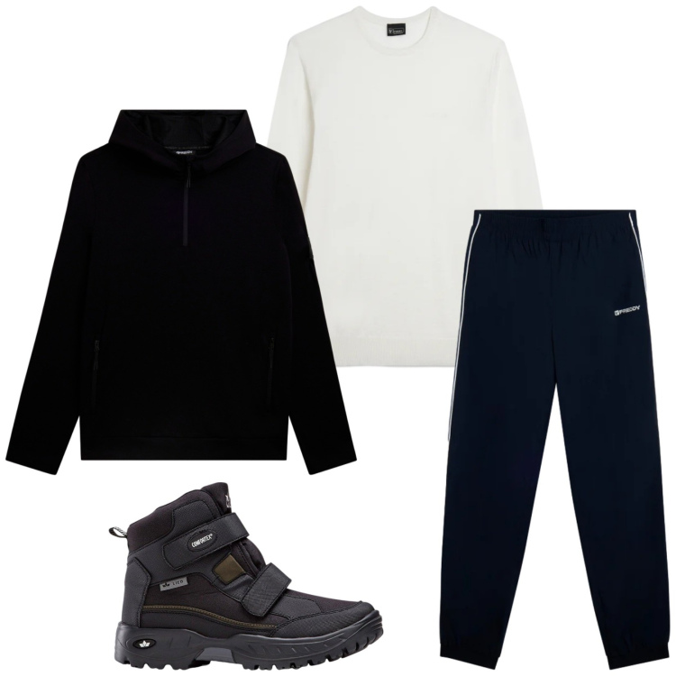 Outfit uomo - Total look #2338905. Stile Urban per Sport. Abbinamento con stivali e stivaletti, pantaloni sportivi, maglieria, felpe con cappuccio.