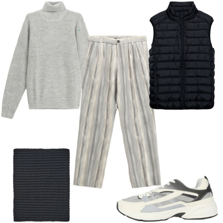 Outfit uomo - Total look #2338906. Stile Trendy per Tutti i giorni. Abbinamento con pantaloni, maglieria, scaldacollo, piumini, sneakers.