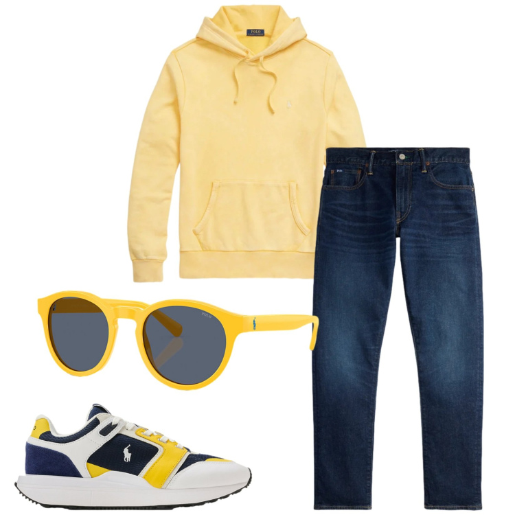 Outfit uomo - Total look #2338908. Stile Trendy per Tutti i giorni. Abbinamento con felpe con cappuccio, occhiali da sole, jeans, sneakers.