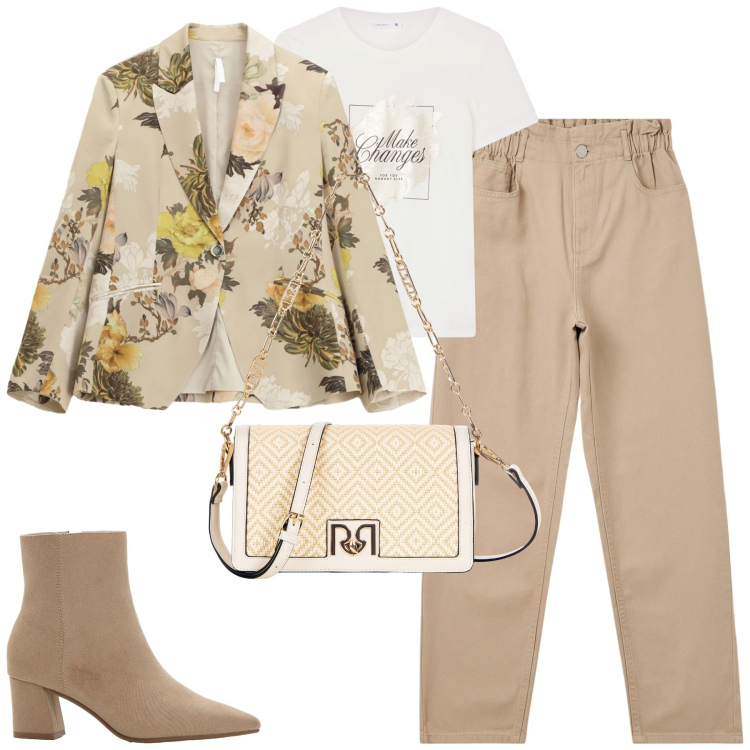 Outfit donna - La giacca floreale. Stile Casual chic per Tutti i giorni. Abbinamento con stivaletti, pantaloni, t-shirt, blazer, borse a tracolla.