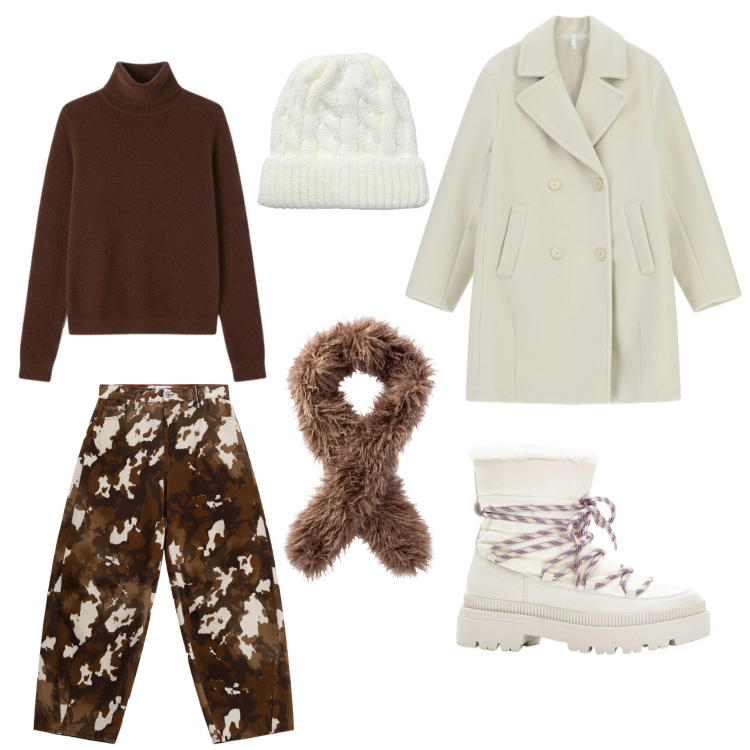 Outfit donna - Settimana bianca tra sport e passeggiate. Stile Casual Abbinamento con stivali da neve, cappotti, berretti, sciarpe, pantaloni a palazzo, pullovers.