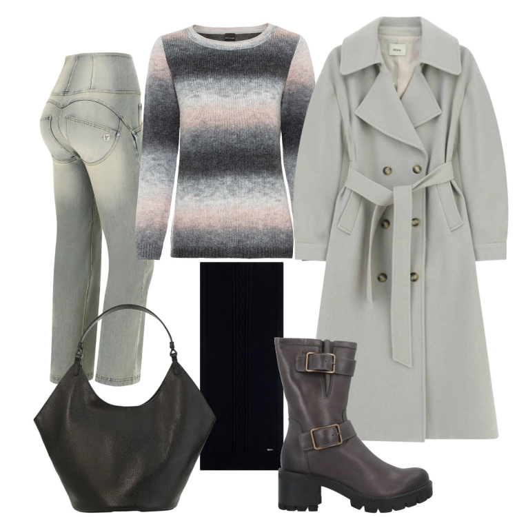 Outfit donna - Total look #2338920. Stile Casual chic per Ufficio. Abbinamento con stivaletti, maglieria, cappotti, borse a spalla, jeans, sciarpe.