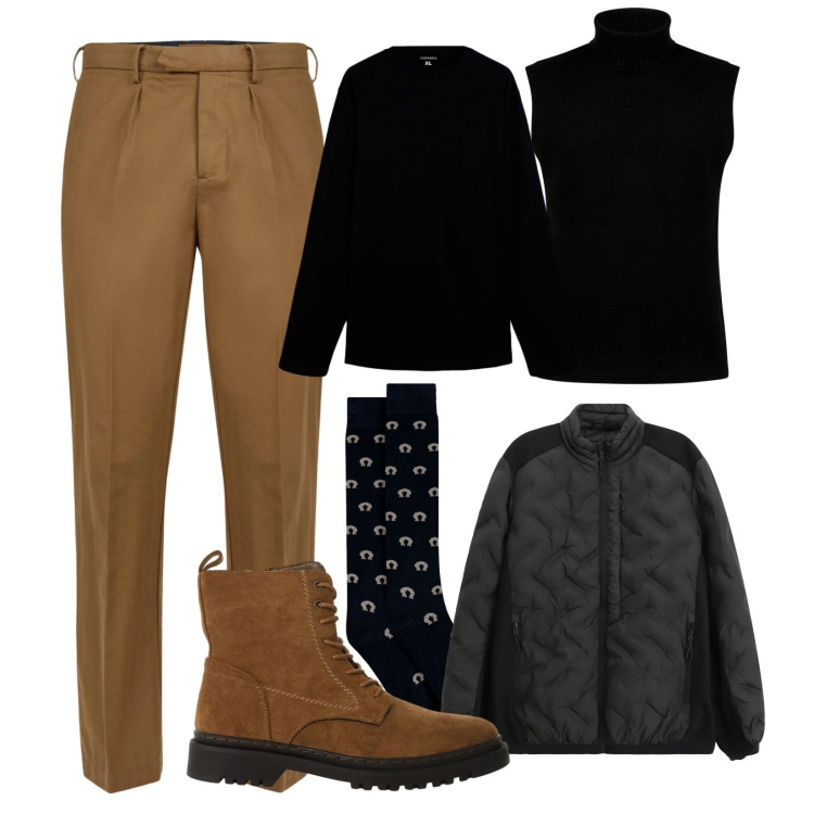 Outfit uomo - Look pratico. Stile Urban per Tutti i giorni. Abbinamento con giacche, anfibi, t-shirt, gilet, pantaloni, calzini.