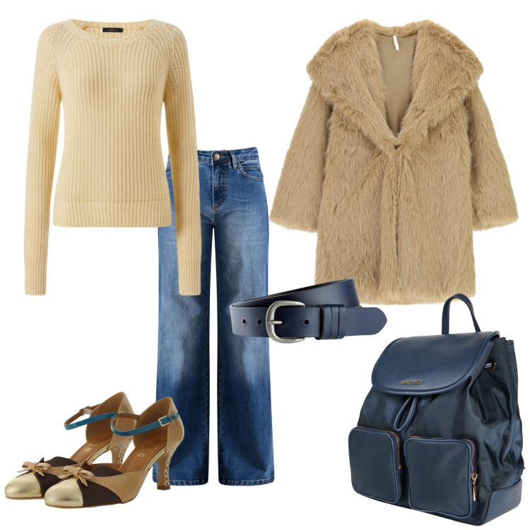 Outfit donna - Total look #2338928. Stile Chic per Ufficio. Abbinamento con zaini, cinture, ecopellicce, décolleté, jeans, maglieria.