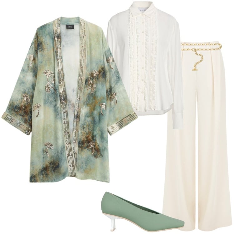 Outfit donna - Love is in the air. Stile Casual chic per Serata fuori. Abbinamento con camicie, décolleté, blazer, pantaloni a palazzo, cinture.