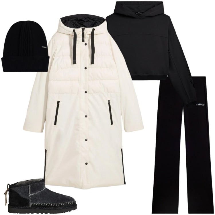 Outfit donna - Settimana bianca. Stile Casual chic per Tutti i giorni. Abbinamento con piumini, stivaletti, berretti, pantaloni, felpe con cappuccio.