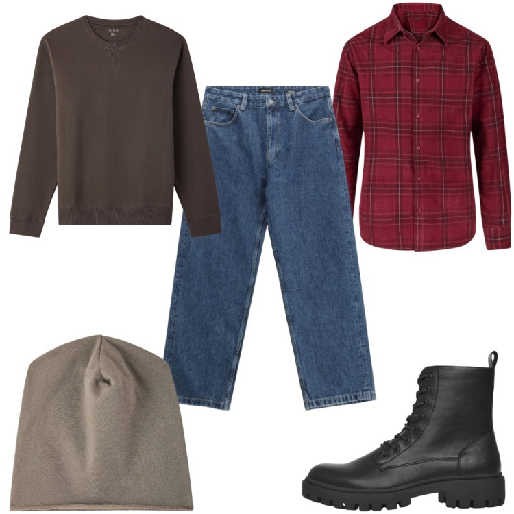 Outfit uomo - Total look #2338939. Stile Casual per Tutti i giorni. Abbinamento con anfibi, felpe, berretti, jeans, camicie.