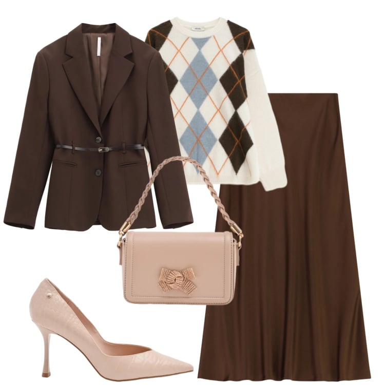 Outfit donna - Febbraio. Stile Trendy per Tutti i giorni. Abbinamento con décolleté, pochette, blazer, gonne lunghe, maglieria.