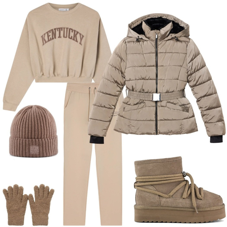 Outfit donna - Settimana bianca. Stile Casual per Tutti i giorni. Abbinamento con piumini, guanti, felpe, pantaloni, stivaletti, berretti.