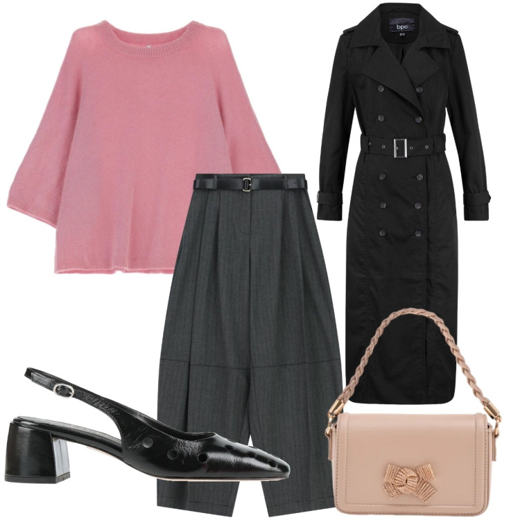 Outfit donna - Aria di primavera. Stile Casual chic per Tutti i giorni. Abbinamento con décolleté, trench, maglieria, pantaloni, pochette.