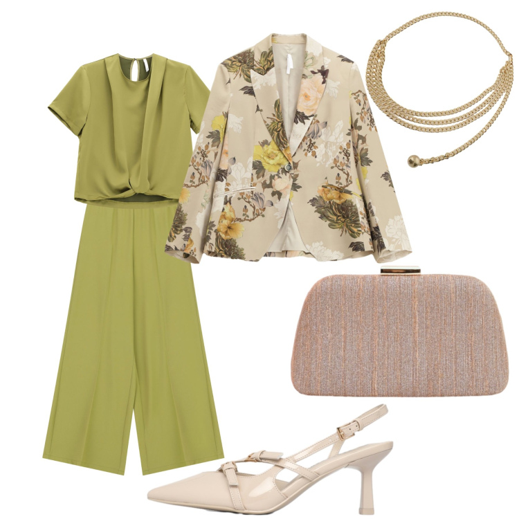Outfit donna - La laurea. Stile Casual chic per Cerimonia. Abbinamento con bluse, pantaloni a palazzo, blazer, décolleté, collane, pochette.