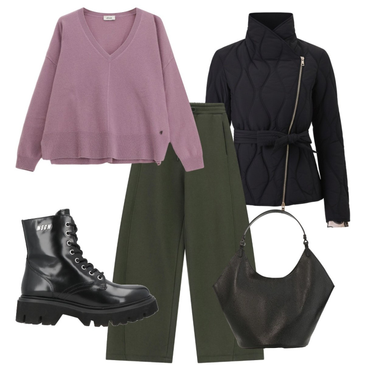 Outfit donna - Total look #2338949. Stile Basic per Tutti i giorni. Abbinamento con anfibi, pantaloni a palazzo, borse a spalla, maglieria, piumini.