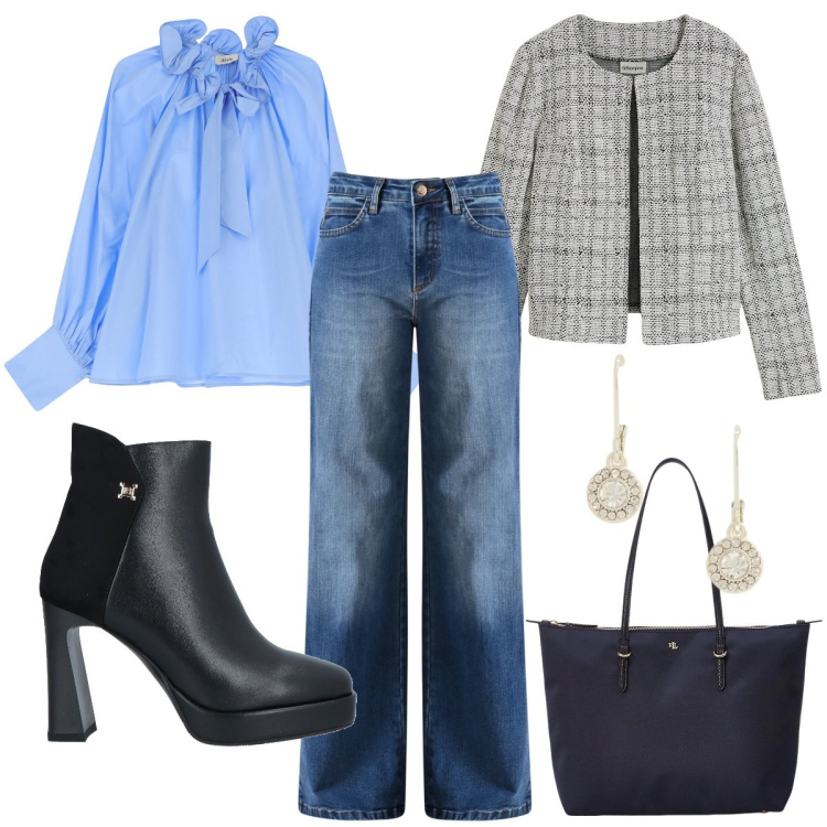 Outfit donna - Combo camicia romantica e jeans. Stile Romantica per Ufficio. Abbinamento con stivaletti, cardigans, camicie, jeans, orecchini, borse tote.