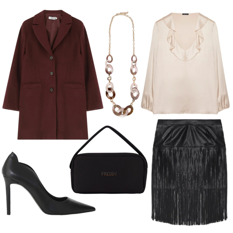 Outfit donna - Total look #2338954. Stile Chic per Serata fuori. Abbinamento con minigonne, bluse, collane, décolleté, borse a mano, cappotti.