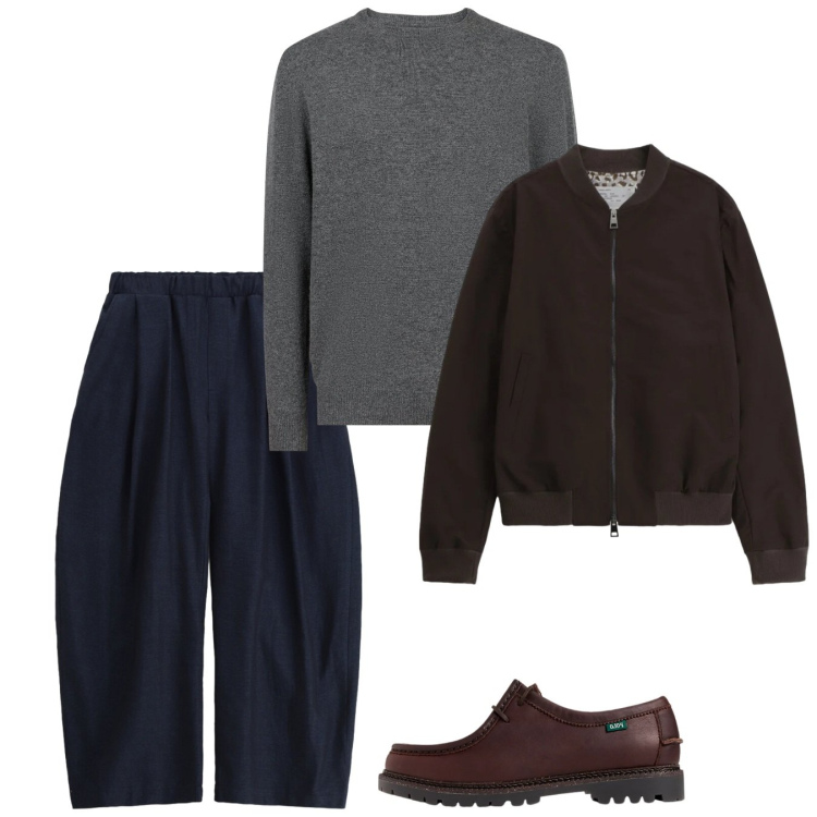 Outfit uomo - Febbraio. Stile Casual per Tutti i giorni. Abbinamento con pantaloni, bomber, scarpe stringate, maglieria.