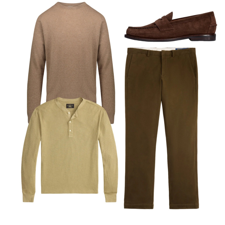 Outfit uomo - Total look. Stile Casual per Tutti i giorni. Abbinamento con scarpe stringate, pantaloni chino, t-shirt, maglieria.