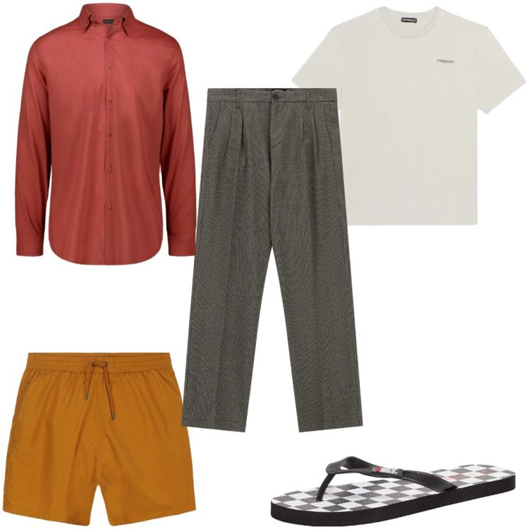 Outfit uomo - Total look #2338961. Stile Trendy per Mare. Abbinamento con sandali, pantaloni, t-shirt, costumi, camicie.