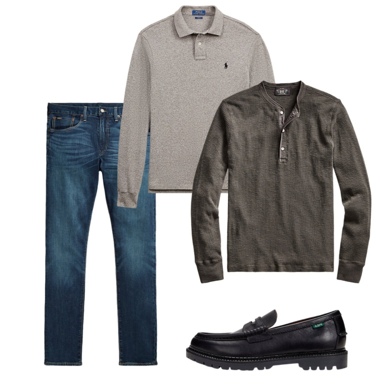 Outfit uomo - Febbraio casual grey. Stile Casual per Tutti i giorni. Abbinamento con t-shirt, polo, scarpe stringate, jeans.