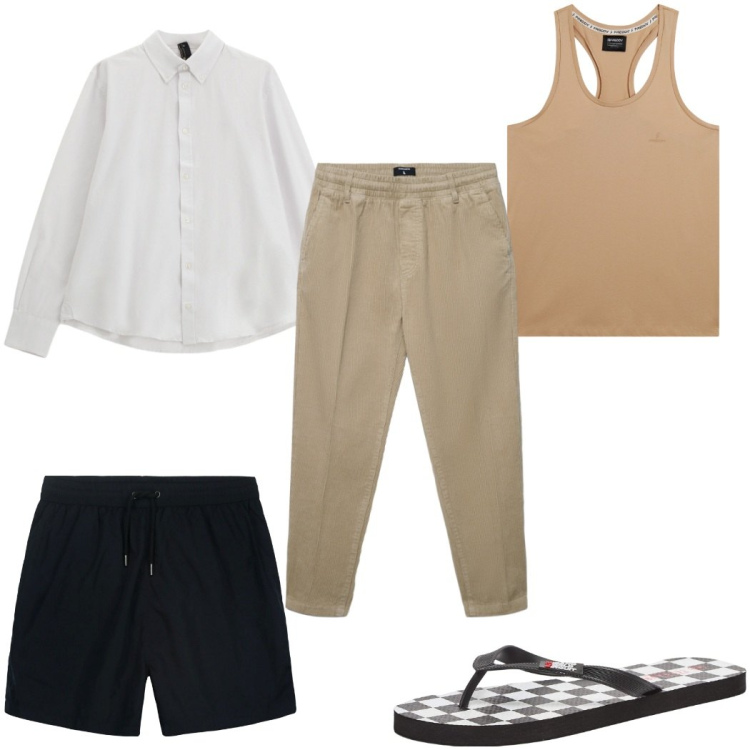 Outfit uomo - Total look #2338964. Stile Trendy per Mare. Abbinamento con sandali, pantaloni, camicie, canottiere, costumi.