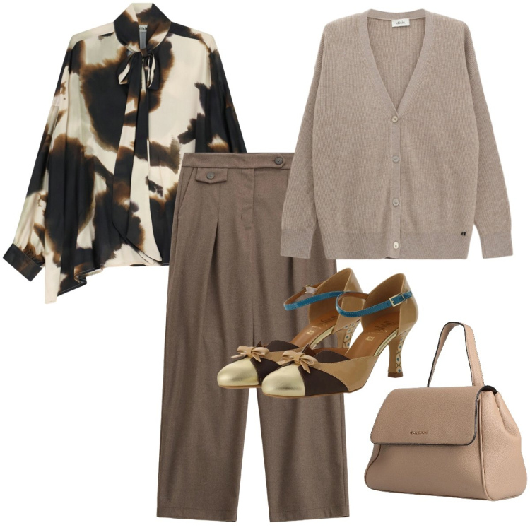 Outfit donna - Romantica e glam. Stile Glamour per Tutti i giorni. Abbinamento con zaini, décolleté, bluse, cardigans, pantaloni.