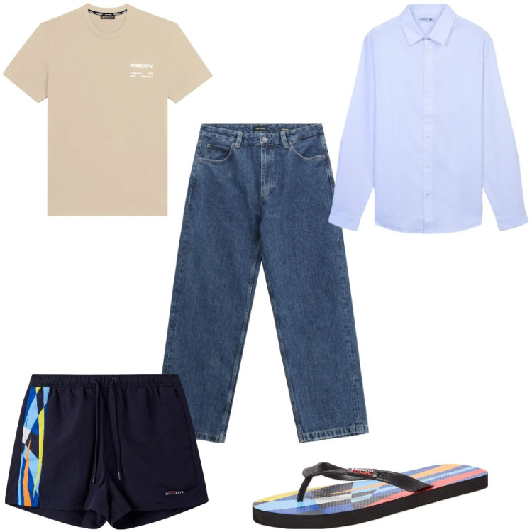 Outfit uomo - Total look #2338979. Stile Trendy per Mare. Abbinamento con jeans, sandali, costumi, camicie, t-shirt sportive.