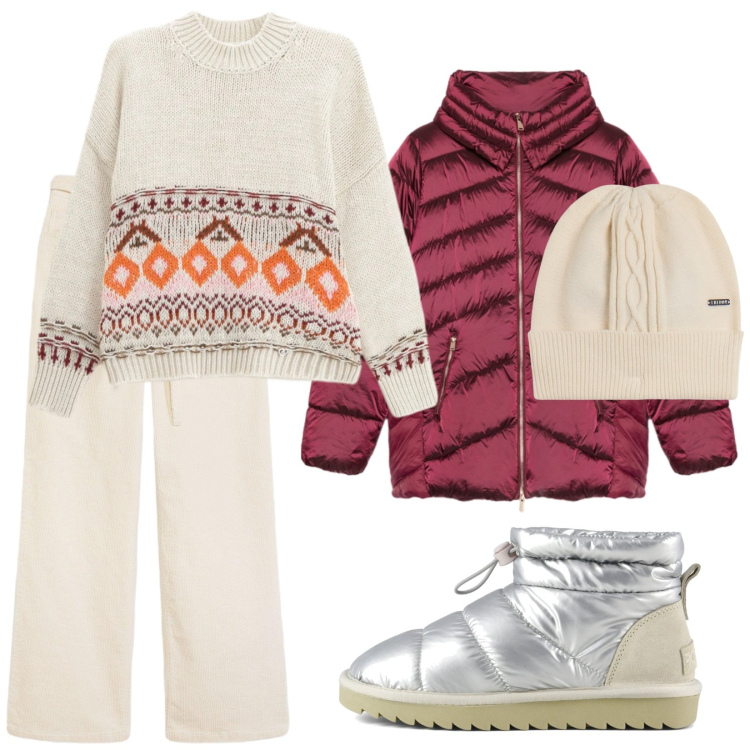 Outfit donna - Comfort e calore. Stile Basic per Sport. Abbinamento con pantaloni, maglieria, berretti, piumini, stivali.