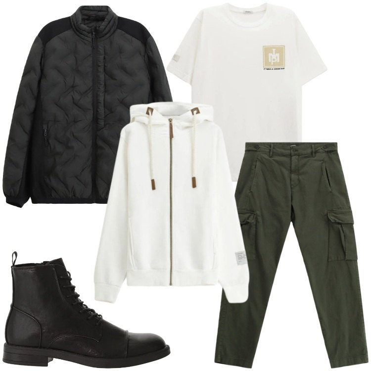 Outfit uomo - Stile metropolitano. Stile Urban per Tutti i giorni. Abbinamento con pantaloni cargo, felpe con cappuccio, t-shirt, giacche, anfibi.